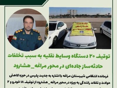 توقیف ۲۰ دستگاه وسایط نقلیه به سبب تخلفات حادثه‌ساز جاده‌ای در محور مراغه_هشترود